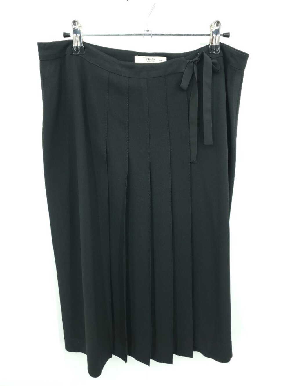 Prada Black Italian Crepe Pleated Wrap Midi Skirt W/Grosgrain Belt Sz IT 44/US 8
